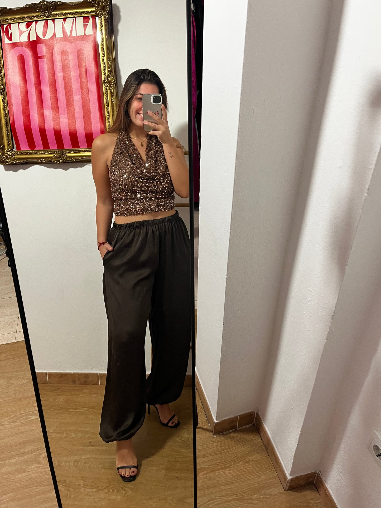 Pantalón satinado marrón