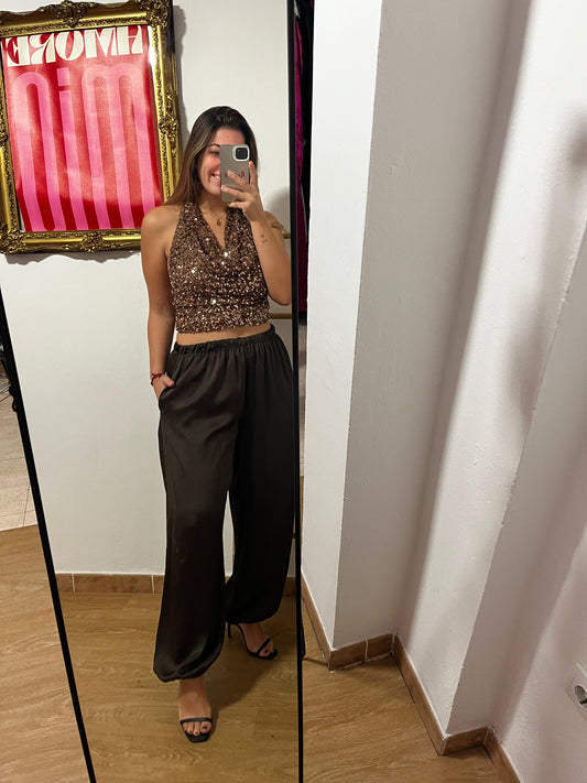 Pantalón satinado marrón